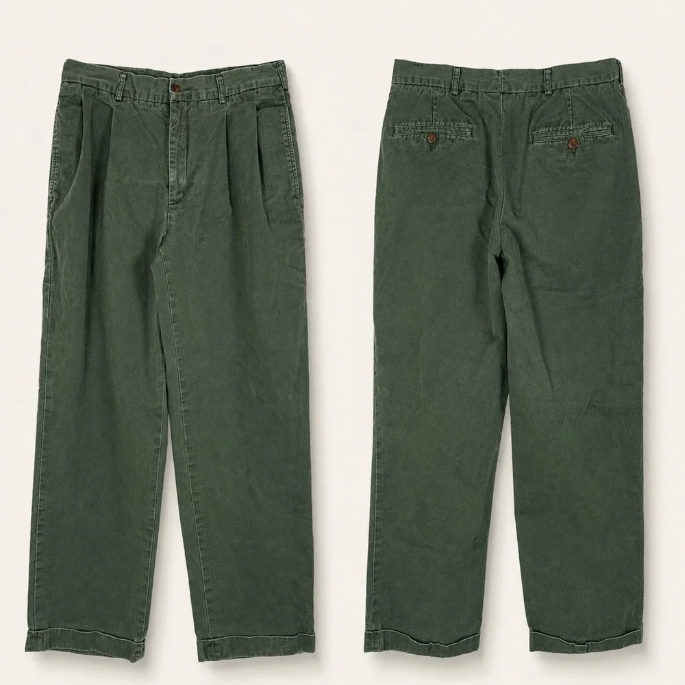 Abercrombie & Fitch Mens Vintage Double Pleated Chinos Green 32x30 Cotton Cuffed